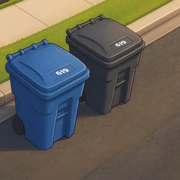 Trash and recycling bins at the curb with custom vinyl house number 619