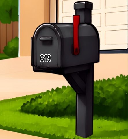 Black mailbox with custom vinyl house number 619