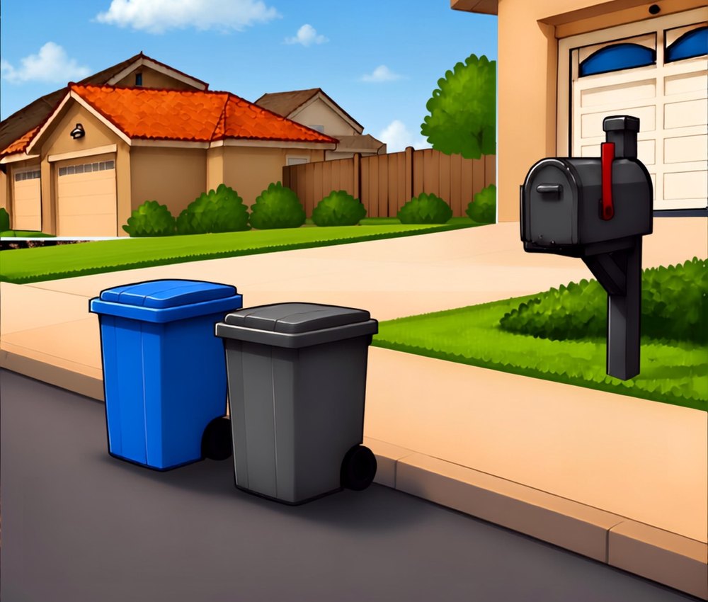 A driveway with two curbside bins and a mailbox, each showing your house number