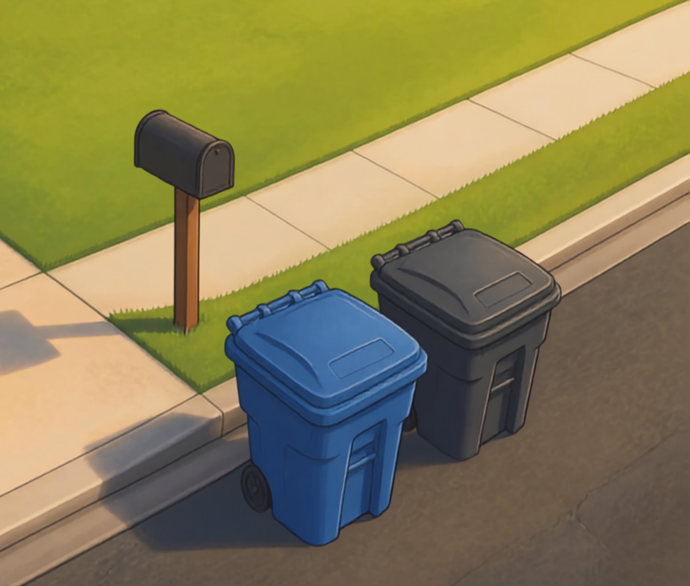 A driveway with two curbside bins and a mailbox, each showing your house number